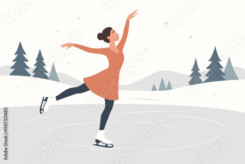 Elegant Figure Skater Performing Graceful Pose on Frozen Lake with Winter Landscape, Minimalist Vector Illustration of Ice Skating Woman in Coral Dress Against Snowy Pine Trees and Mountains