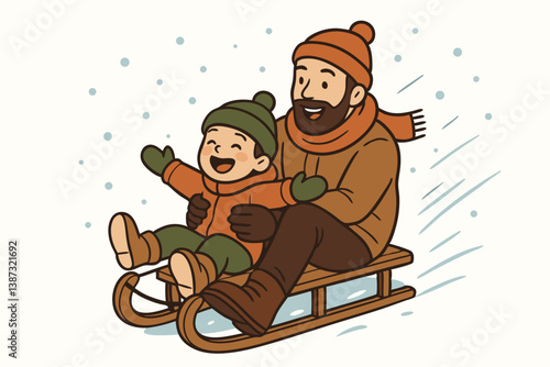 Joyful Father and Child Sledding Adventure in Winter Wonderland, Cute Cartoon Vector Illustration of Family Bonding, Playful Snowy Day Activity with Wooden Sled, Seasonal Outdoor Fun Artwork