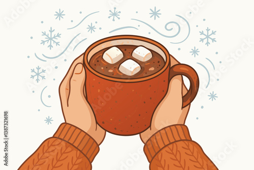 Cozy Winter Warmth: Hands Holding Steaming Hot Chocolate Mug with Marshmallows, Surrounded by Snowflakes - Festive Vector Illustration for Seasonal Greetings, Holiday Designs, and Comfort Themes