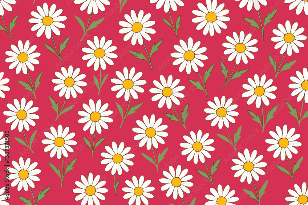Vibrant Seamless Pattern with Hand-Drawn White Chamomile Daisies and Green Leaves on Bright Magenta Background, Floral Repeat Design for Fabric, Wallpaper, Stationery, and Digital Scrapbooking Vibrant Seamless Pattern with Hand-Drawn White Chamomile Daisies and Green Leaves on Bright Magenta Background, Floral Repeat Design for Fabric, Wallpaper, Stationery, and Digital Scrapbooking