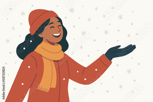 Joyful Woman in Winter Attire Catching Snowflakes, Minimalist Vector Illustration of Happy Female Character with Orange Scarf and Red Coat Enjoying Snowy Weather, Contemporary Flat Design