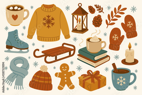Cozy Winter Hygge Collection with Warm Sweater, Hot Cocoa, Mittens, Ice Skates, Candles, and Holiday Decorations - Hand-drawn Seasonal Elements for Christmas and Winter Designs in Warm Earth Tones