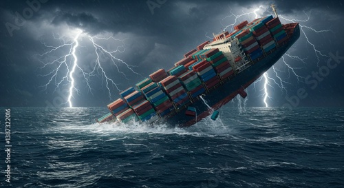 Fototapeta Naklejka Na Ścianę i Meble -  Cargo ship sinking during storm with dramatic lightning strikes, maritime disaster illustration, business failure metaphor for crisis situation, copy space on sky