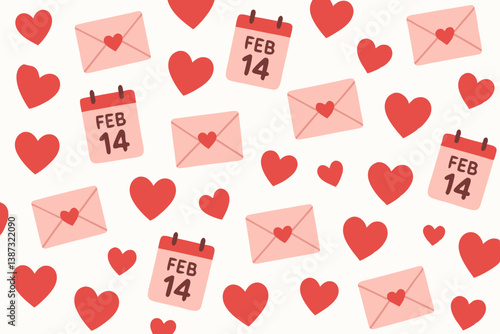 Romantic Valentine's Day Seamless Pattern with Red Hearts, Love Letters and February 14 Calendar Icons - Cute Hand Drawn Vector Illustration for Cards, Invitations, Backgrounds and Digital Design