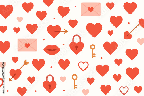 Romantic Valentine's Day Seamless Pattern with Red Hearts, Love Letters, Heart-Shaped Locks, Keys and Cupid's Arrows on White Background - Modern Flat Design Vector for Greeting Cards and Decor
