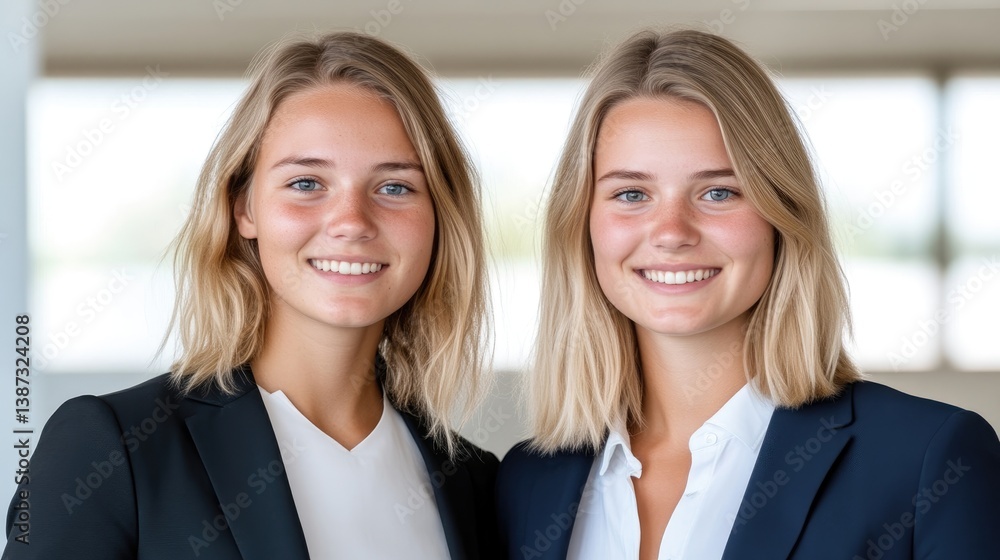 Two young women in business attire, smiling confidently Two young women in business attire, smiling confidently