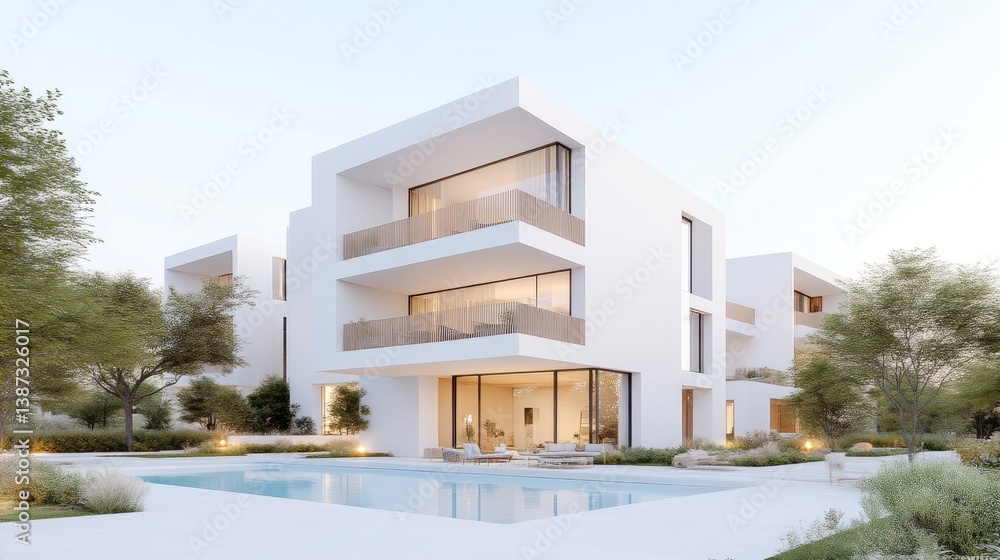 Modern, minimalist apartment complex by a pool.  Spacious, contemporary design with natural light