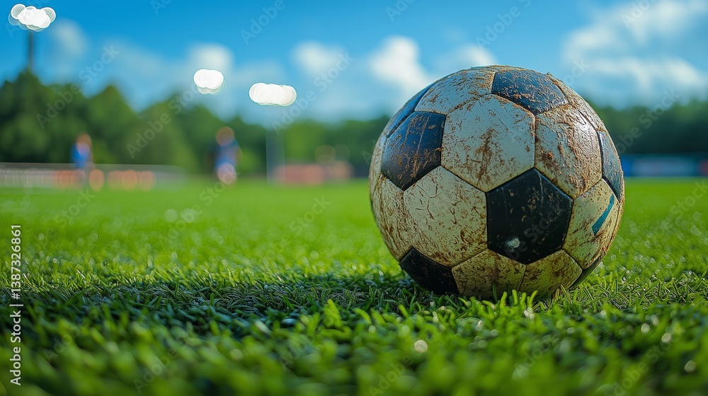 Fototapeta premium Scuffed soccer ball rests on artificial turf as blurry players and bright lights fill the background