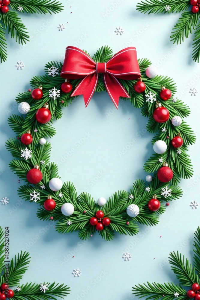 Whimsical snowflake border surrounding a stylized Christmas wreath, winter, bows, festive Whimsical snowflake border surrounding a stylized Christmas wreath, winter, bows, festive
