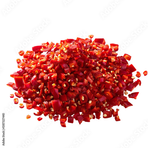 Fiery Feast: A vibrant pile of finely chopped red peppers, meticulously prepared, showcasing the freshness and culinary potential of this spicy ingredient.