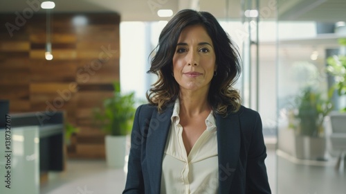 Confident middle-aged Hispanic businesswoman standing in a modern office lobby with plants, projecting professionalism and executive presence