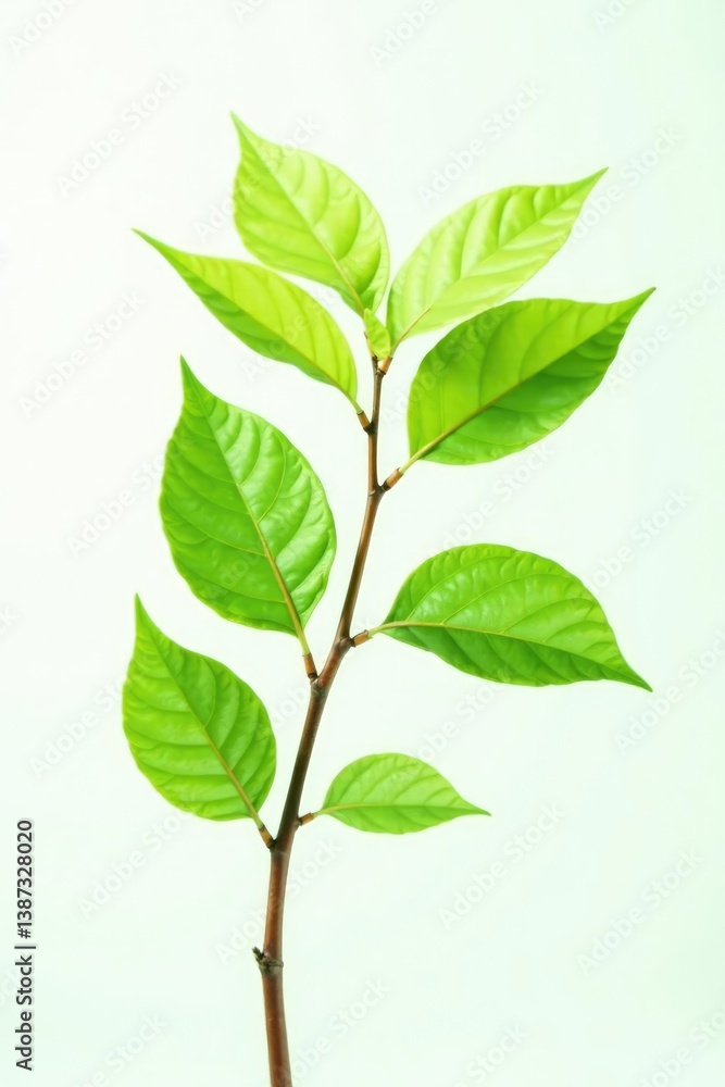 Fototapeta premium Delicate branch with soft green leaves isolated on white background, tree branch, natural, greenery
