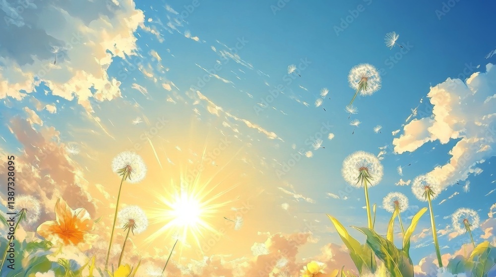 Obraz premium Dandelion Seeds Floating in Sunlight Sky with Clouds and Flowers Landscape