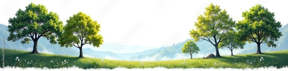 Fototapeta premium Desolate forest landscape with trees isolated on white background, trees, serenity