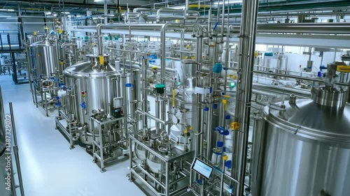 Industrial precision: a high-angle shot of an industrial complex with pipes and machinery. An immersive scene of precision engineering and industrial processes. 