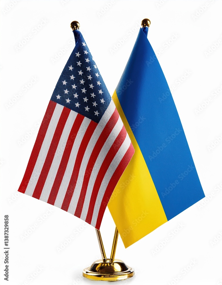 Usa and ukraine flags on desk stands against white background Usa and ukraine flags on desk stands against white background