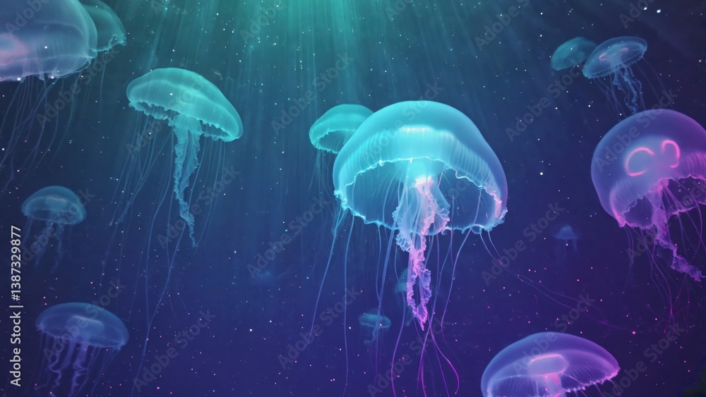 Glowing jellyfish drift in deep ocean under ethereal light Glowing jellyfish drift in deep ocean under ethereal light