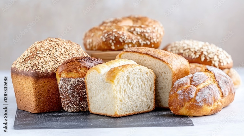 A high-resolution photo shows various loaves of bread. A loaf of oat-topped bread is prominently featured, along with a sourdough round, and sliced white bread. The lighting is bright, enhancing t A high-resolution photo shows various loaves of bread. A loaf of oat-topped bread is prominently featured, along with a sourdough round, and sliced white bread. The lighting is bright, enhancing t