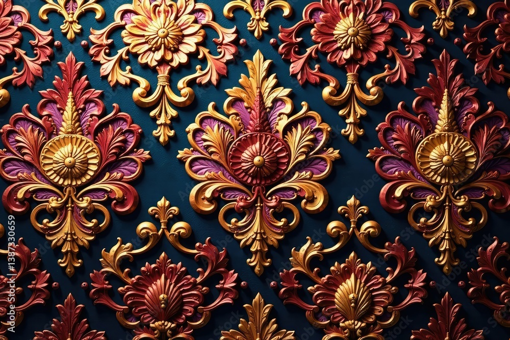 Intricate floral damask textile, opulent gold accents, luxury, tapestry Intricate floral damask textile, opulent gold accents, luxury, tapestry