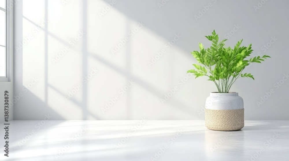 Fototapeta premium Minimalist white room with a potted plant. Sunlight streams in through a window, casting shadows on the white walls and floor. A simple, light beige and white ceramic planter holds fresh green foliage