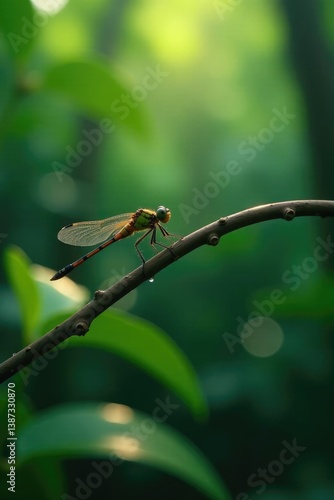 Dragonfly rests on a curved twig with dew drops glistening in morning light amidst tropical foliage, tropical forest, dew drops