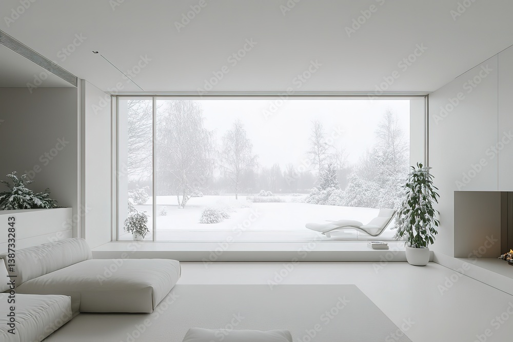 Fototapeta premium Minimalist AllWhite Living Room Interior with Snow Covered Outdoor View, Modern Couch