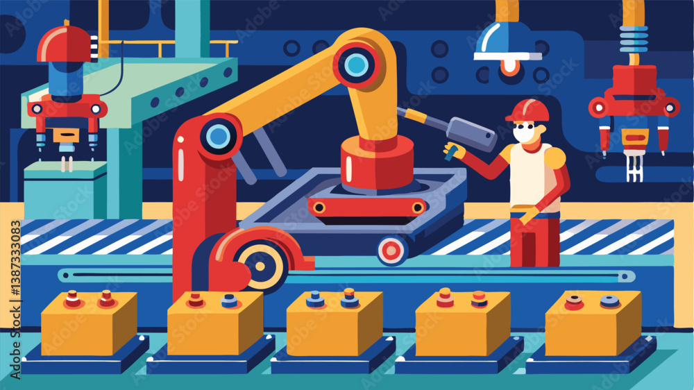 Fototapeta premium Vector illustration depicting a busy factory assembly line with robots and workers engaged in packaging and sorting packages efficiently