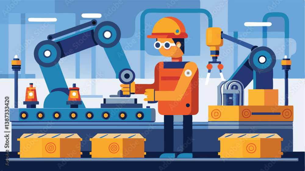 Fototapeta premium Vector illustration depicting a busy factory assembly line with robots and workers engaged in packaging and sorting packages efficiently