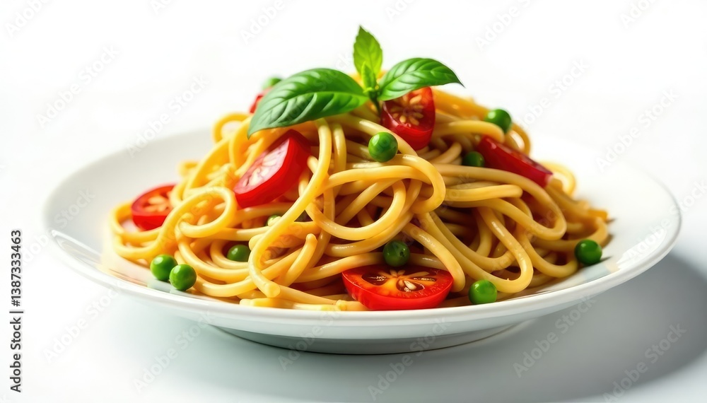 Stir-fried noodles with vegetables on white background, high resolution, garlic, delicious Stir-fried noodles with vegetables on white background, high resolution, garlic, delicious