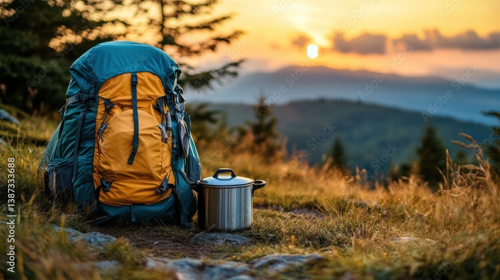 Hiking backpack and cooking pot on mountaintop at sunset Hiking backpack and cooking pot on mountaintop at sunset