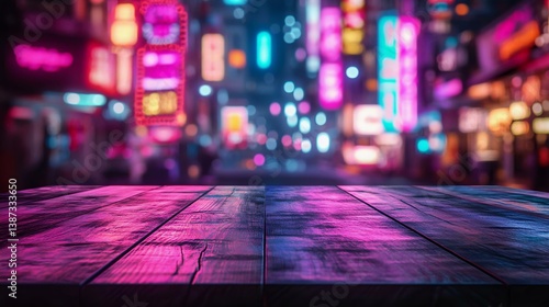 Wallpaper Mural A vibrant urban night scene featuring illuminated signs and colorful lights with a rustic wooden table in the foreground. Torontodigital.ca