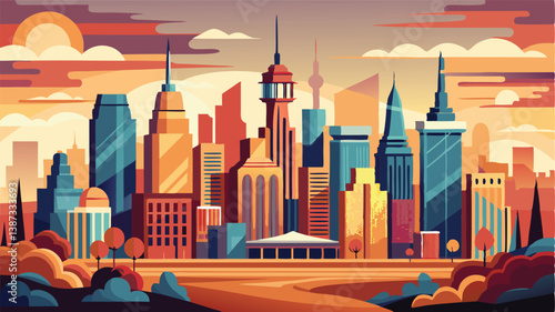 Vibrant vector illustration of a modern city skyline at sunset with colorful clouds and prominent architectural features