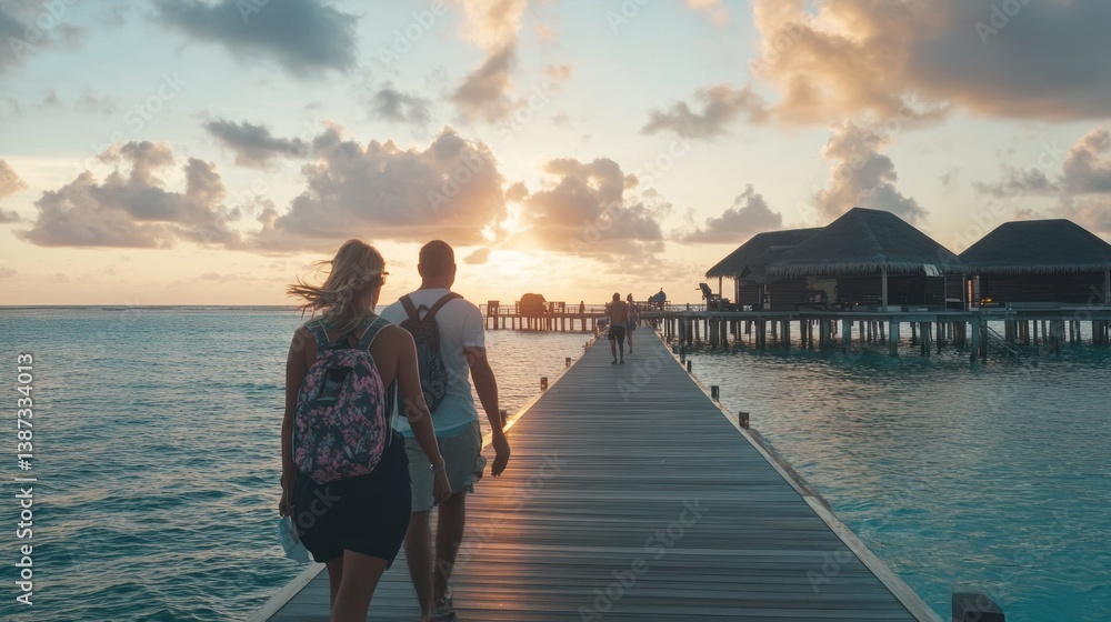 Fototapeta premium Tropical sunset stroll, Couple walking towards idyllic island villas