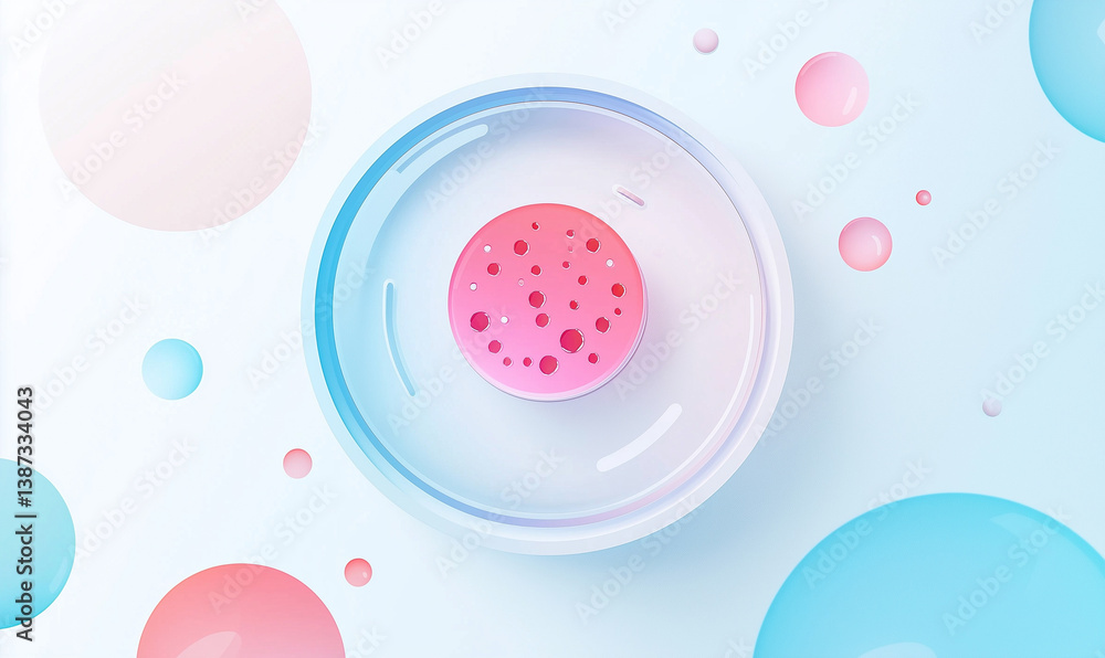 Petri dish with colorful bubbles and a pink circular sample, representing scientific research and experimentation. Petri dish with colorful bubbles and a pink circular sample, representing scientific research and experimentation.