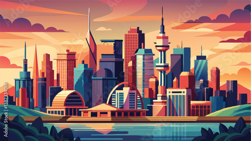 Vibrant vector illustration of a modern city skyline at sunset with colorful clouds and prominent architectural features