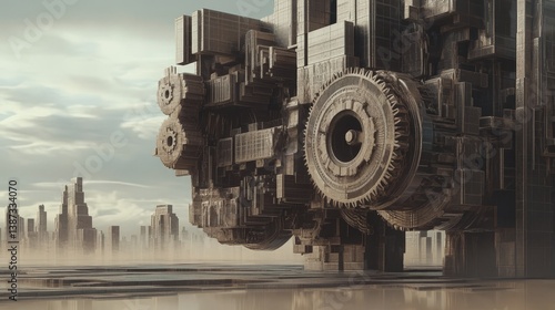 Abstract futuristic industrial structure on a flat landscape with distant