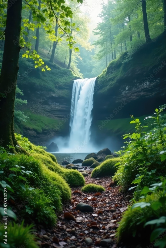 Fototapeta premium Forest floor in misty forest with cascading waterfall in the background, natural, landscape, plants