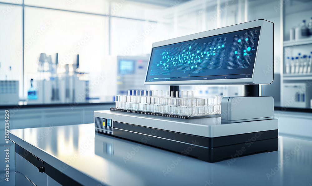 High-tech lab equipment with vials on a countertop, showcasing advanced technology in a modern laboratory setting. High-tech lab equipment with vials on a countertop, showcasing advanced technology in a modern laboratory setting.
