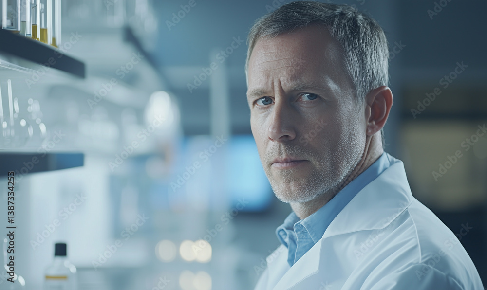 A serious scientist examines samples in a modern laboratory setting, showcasing a focus on research and innovation. A serious scientist examines samples in a modern laboratory setting, showcasing a focus on research and innovation.