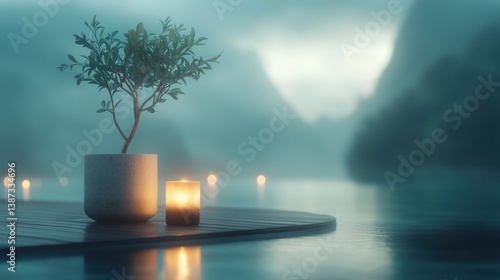 Serene ambiance with a potted plant and candle by misty waters at twilight