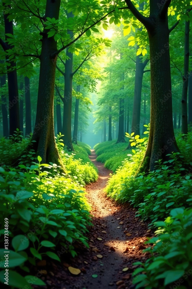 Fototapeta premium Forest trail meandering through dense foliage, verdant, sunlight