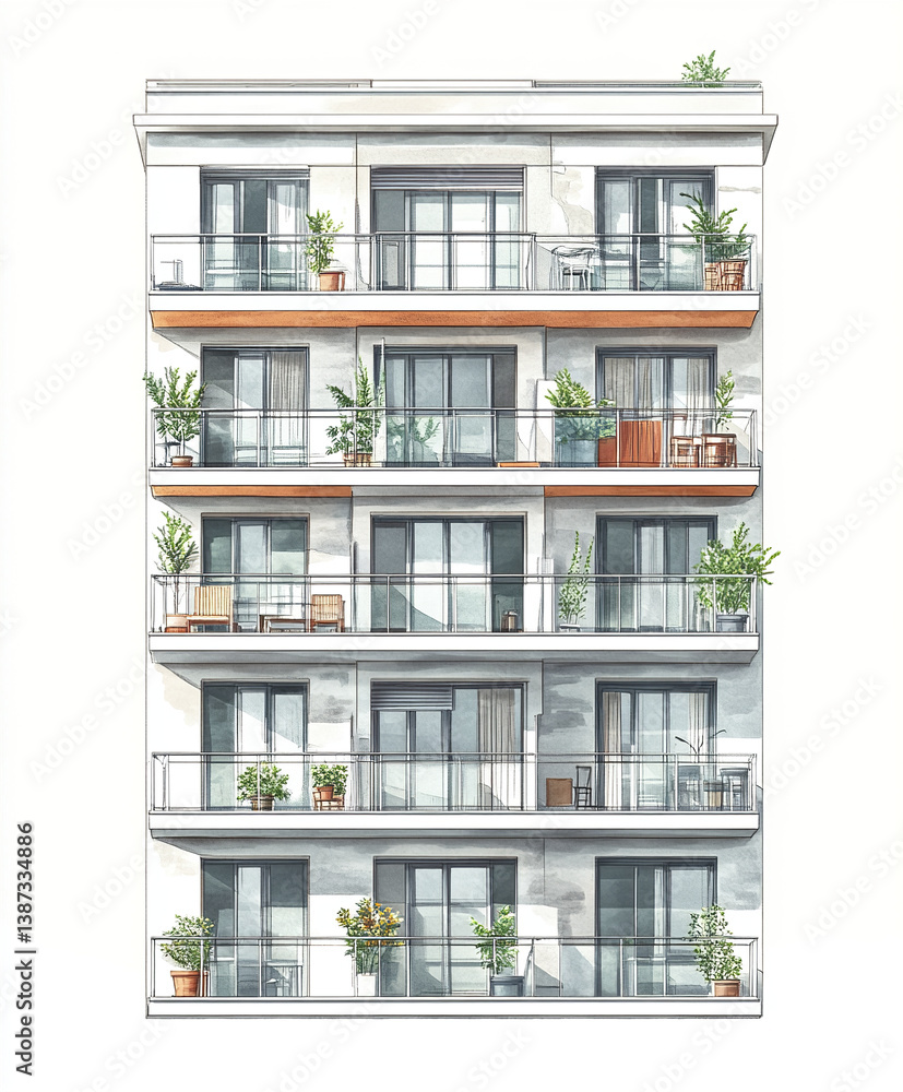 Modern apartment building with balconies and plants, showcasing urban living Modern apartment building with balconies and plants, showcasing urban living