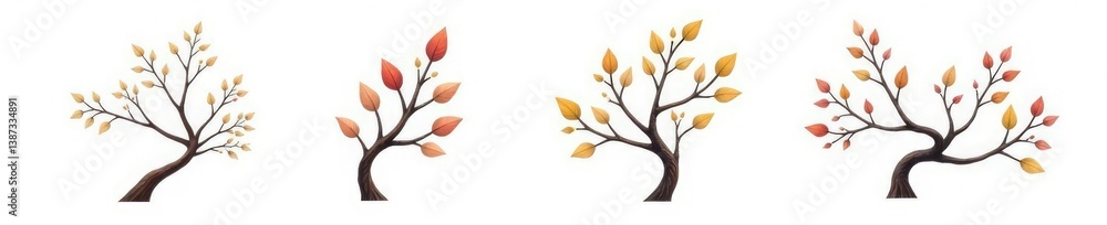 Fototapeta premium Four branches with different shapes and sizes intertwined with each other on white background, shape, intertwined, variation
