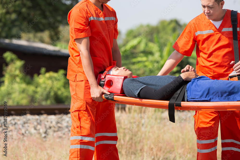 Fototapeta premium Paramedic, emergency, ambulance staff and medical help. Ambulance staff member assisting injured person with transport stretcher. Paramedics assisting injured person first aid on road