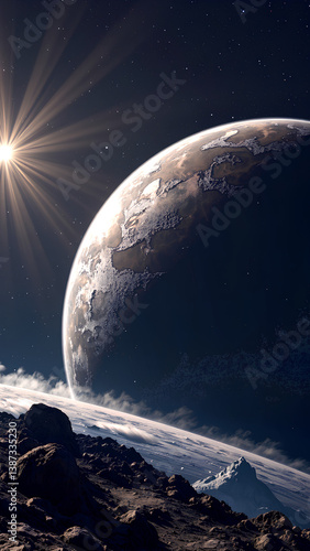  Bright Sunburst Over Rocky Planet Surface With Distant Earth-like World Rising