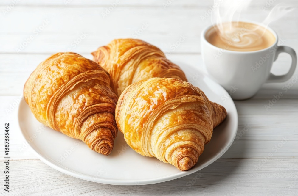 Golden croissants arranged on a white plate, a steaming Golden croissants arranged on a white plate, a steaming