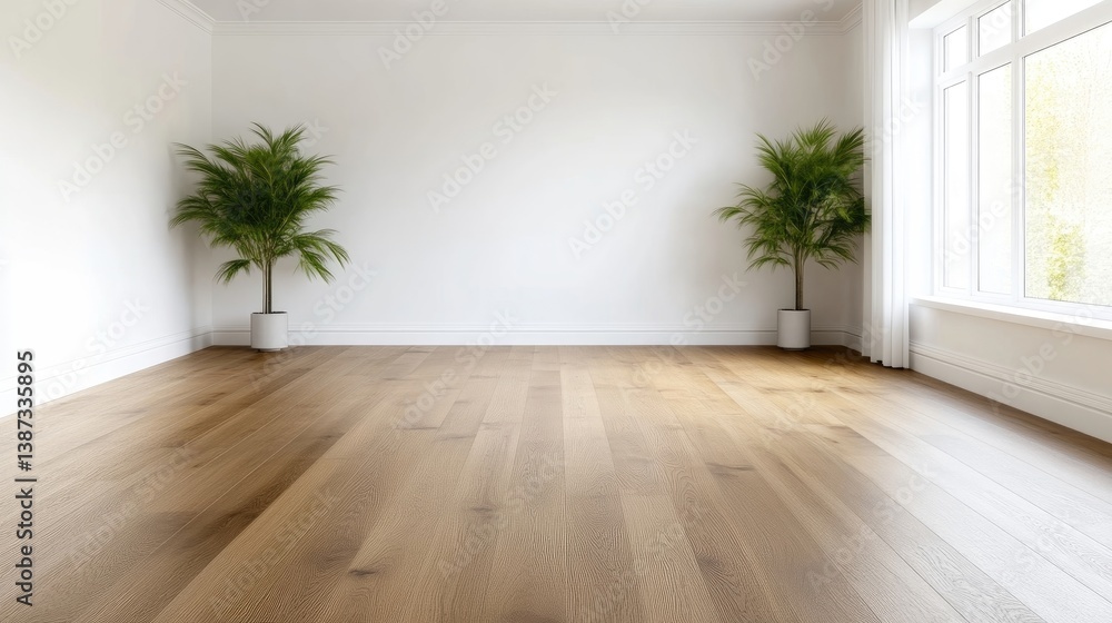 Light-toned hardwood flooring dominates this image. Two potted palm plants flank the room, adding a touch of nature. The composition is simple, with white walls and a large window. The photograph is b Light-toned hardwood flooring dominates this image. Two potted palm plants flank the room, adding a touch of nature. The composition is simple, with white walls and a large window. The photograph is b