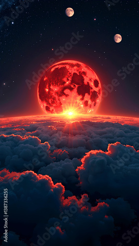 Blood Moon Rising Above Cloud Formation With Dramatic Sunburst And Distant Planets