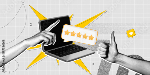 Trendy Halftone Collage Laptop with five star rating. Hand with thumbs up gesture. Online feedback or opinion. Quality review. Customer satisfaction survey. Contemporary vector illustration art