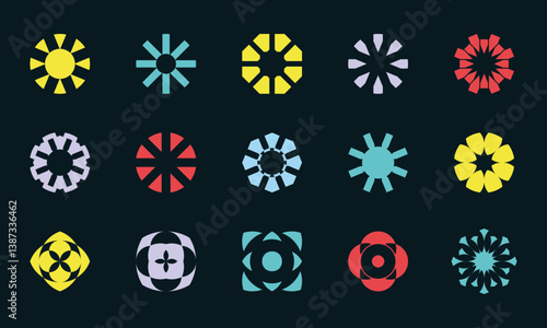 Set of multicolor colorful abstract radial icons – geometric circular symbol collection on dark background.
